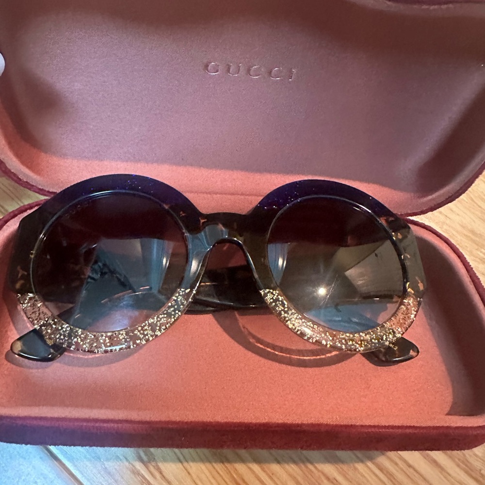 Gucci Tortoise and Blue/Gold Glitter Women's Sunglasses.
